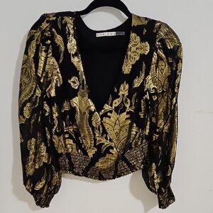 Alice + Olivia Black and Gold Patterned Blouse